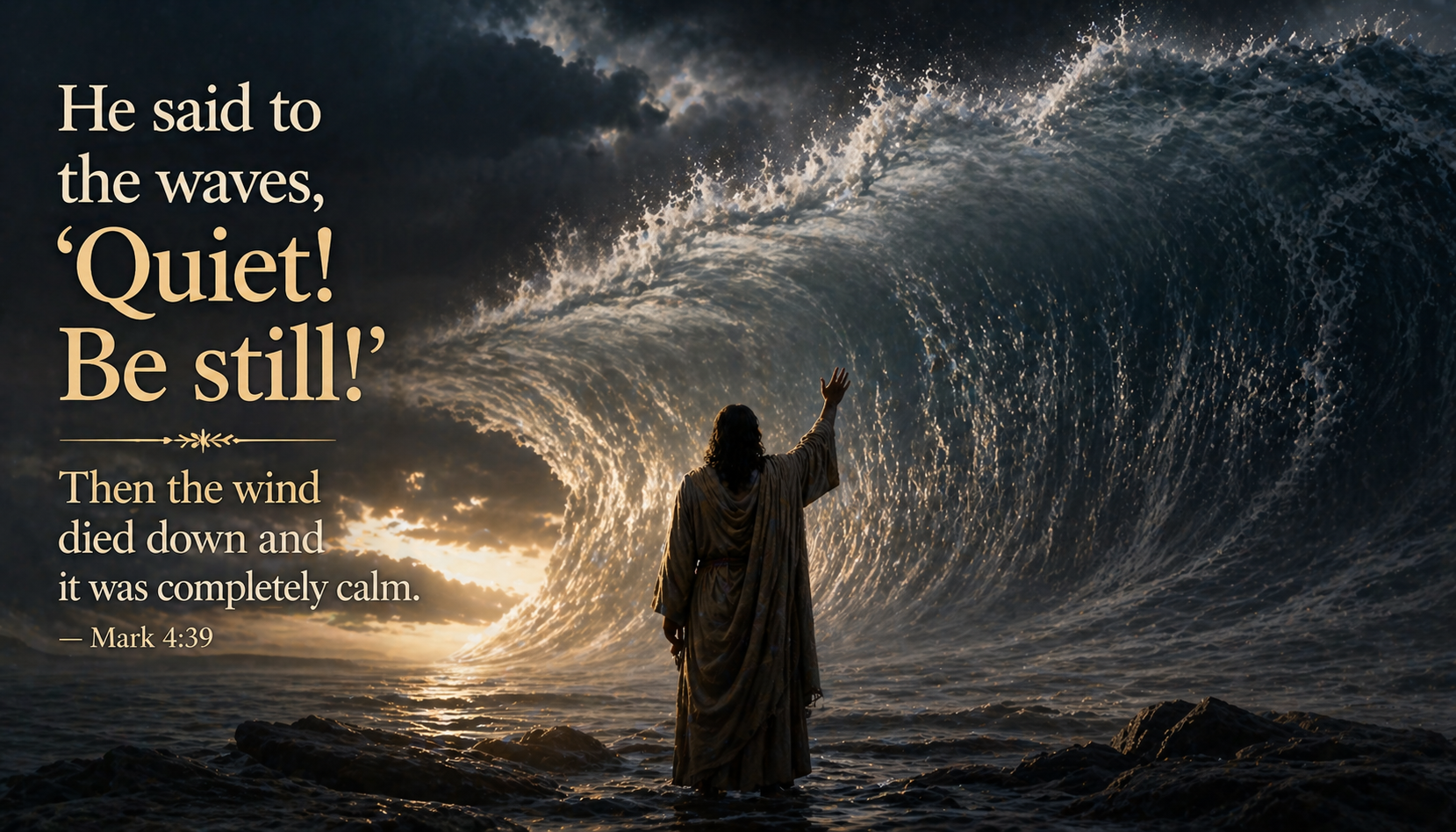 Bible verse wallpaper Mark 4:39 with raised hand silhouetted against massive wave frozen mid-crash against dramatic sky